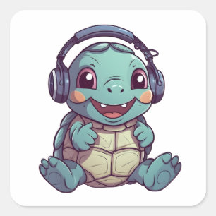 Cute Turtle Wearing Headphones Adorable Animal  Square Sticker