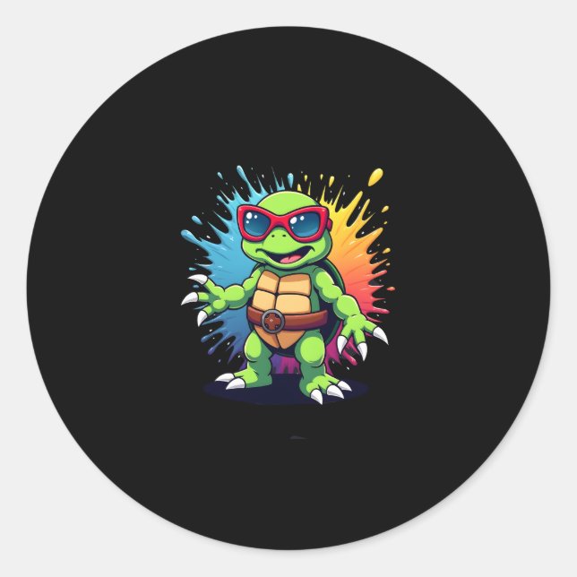 Cute Turtle Wearing Sunglasses Paint Splash Sea An Classic Round Sticker (Front)