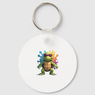 Cute Turtle Wearing Sunglasses Paint Splash Sea An Key Ring