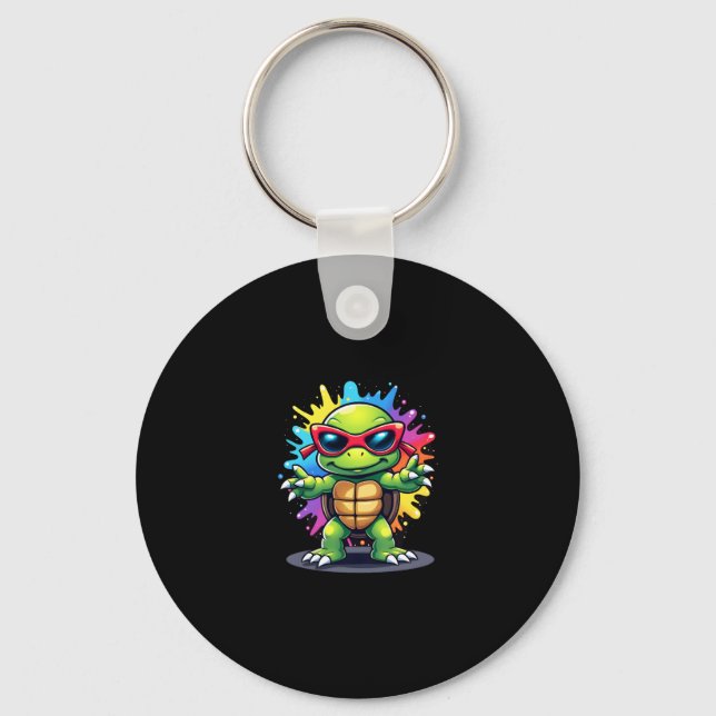 Cute Turtle Wearing Sunglasses Paint Splash Sea An Key Ring (Front)
