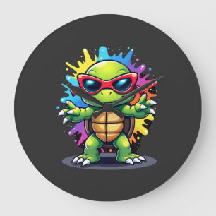 Cute Turtle Wearing Sunglasses Paint Splash Sea An Large Clock