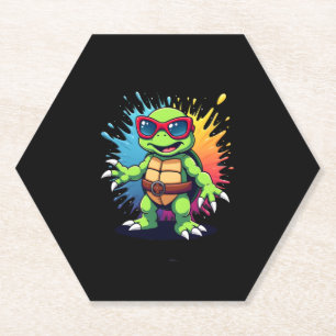 Cute Turtle Wearing Sunglasses Paint Splash Sea An Paper Coaster