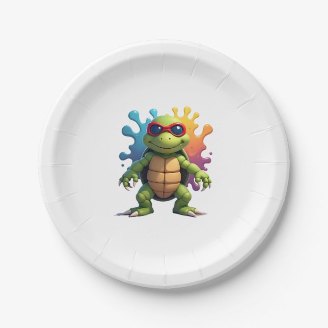 Cute Turtle Wearing Sunglasses Paint Splash Sea An Paper Plate (Front)