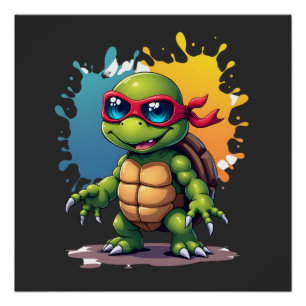 Cute Turtle Wearing Sunglasses Paint Splash Sea An Poster