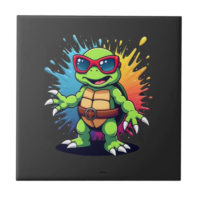 Cute Turtle Wearing Sunglasses Paint Splash Sea An Tile (Front)