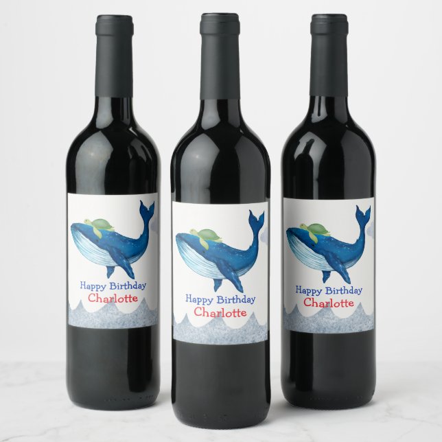 Cute turtle Whale racing  ocean Birthday party Wine Label (Bottles)
