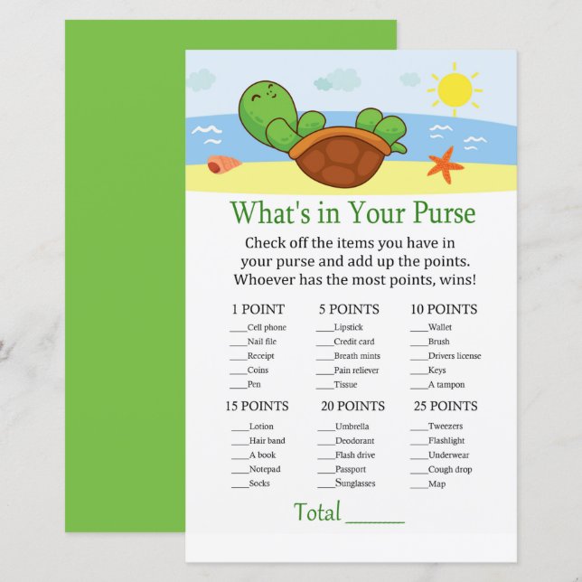 Cute Turtle What's in your purse game baby shower (Front/Back)