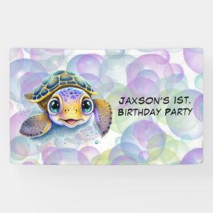 Cute Turtle with Bubbles 1st. Birthday Party Banner