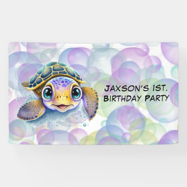 Cute Turtle with Bubbles 1st. Birthday Party Banner (Horizontal)