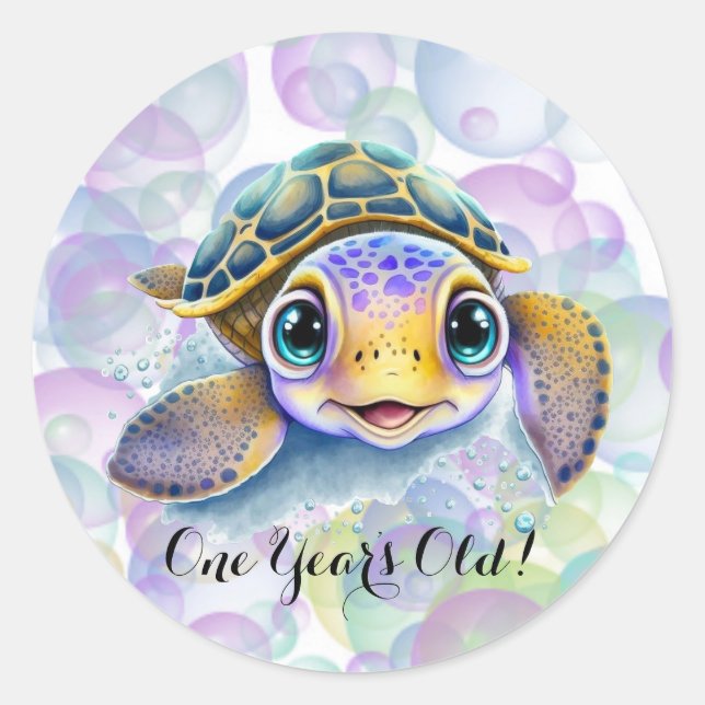 Cute Turtle with Bubbles 1st. Birthday Party Classic Round Sticker (Front)