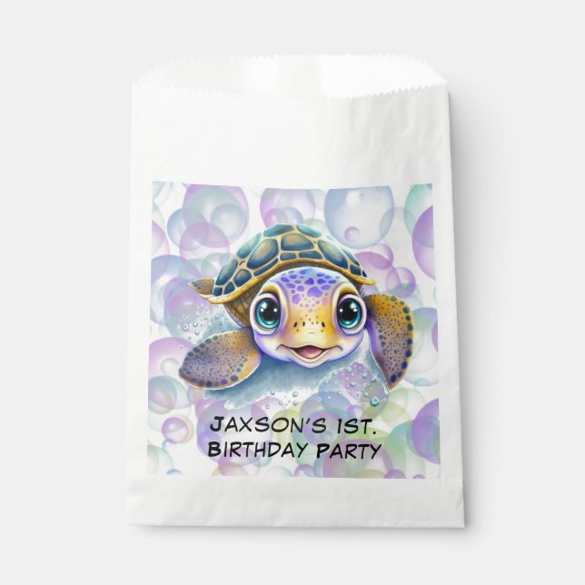 Cute Turtle with Bubbles 1st. Birthday Party Favour Bags (Front)