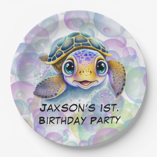 Cute Turtle with Bubbles 1st. Birthday Party Paper Plate (Front)