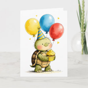 Cute Turtle with Cupcake Kid's Happy Birthday Card