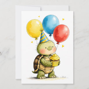Cute Turtle with Cupcake Kid's Happy Birthday Flat Card