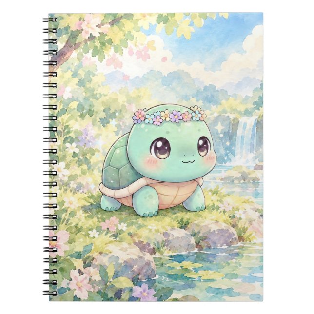 Cute Turtle with Flowers Spiral Notebook (Front)