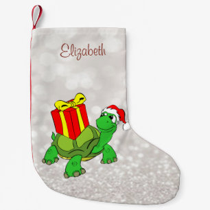 Cute Turtle With Santa Hat Present,Glittery Bokeh Small Christmas Stocking
