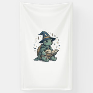 Cute Turtle Wizard Reading Spellbook Vector Design Banner
