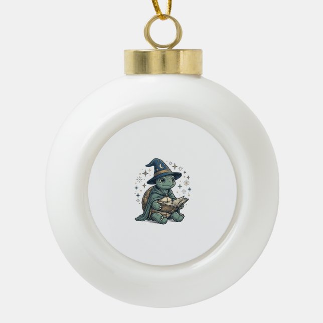Cute Turtle Wizard Reading Spellbook Vector Design Ceramic Ball Christmas Ornament (Front)