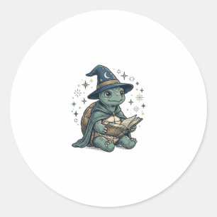 Cute Turtle Wizard Reading Spellbook Vector Design Classic Round Sticker