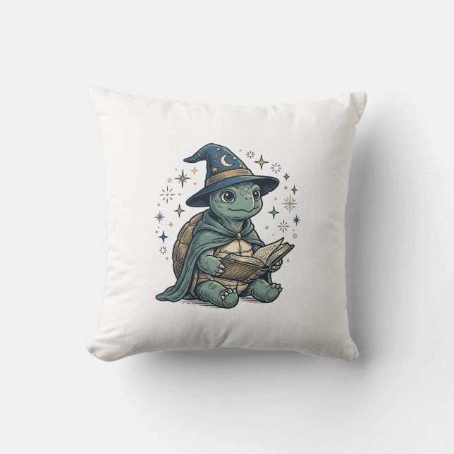 Cute Turtle Wizard Reading Spellbook Vector Design Cushion (Front)