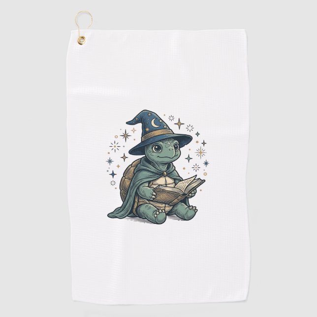 Cute Turtle Wizard Reading Spellbook Vector Design Golf Towel (Front)
