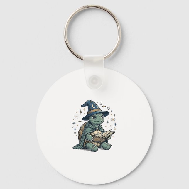 Cute Turtle Wizard Reading Spellbook Vector Design Key Ring (Front)