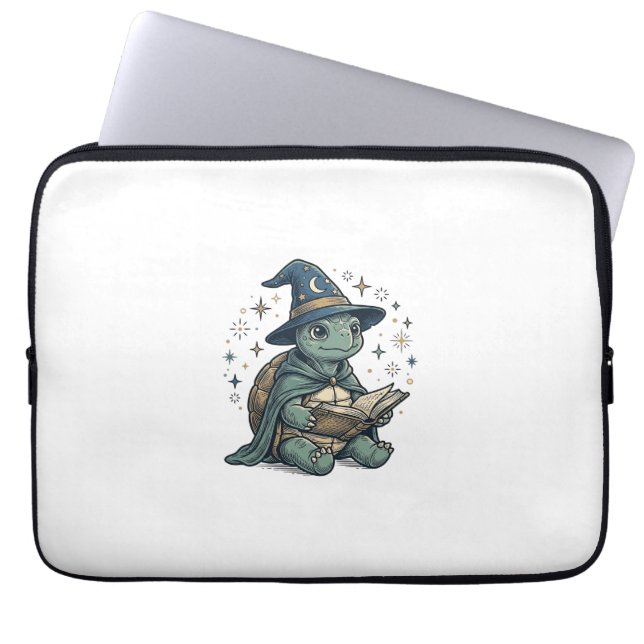 Cute Turtle Wizard Reading Spellbook Vector Design Laptop Sleeve (Front)