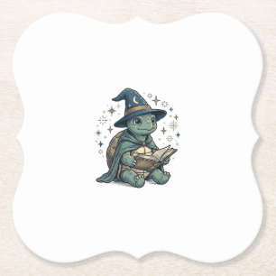 Cute Turtle Wizard Reading Spellbook Vector Design Paper Coaster