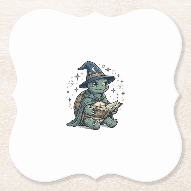 Cute Turtle Wizard Reading Spellbook Vector Design Paper Coaster (Front)