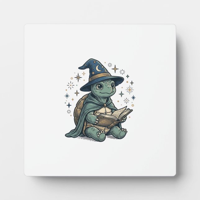 Cute Turtle Wizard Reading Spellbook Vector Design Plaque (Front)