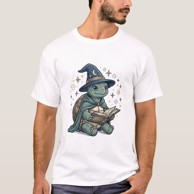Cute Turtle Wizard Reading Spellbook Vector Design T-Shirt (Front)