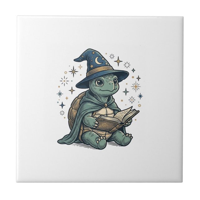 Cute Turtle Wizard Reading Spellbook Vector Design Tile (Front)