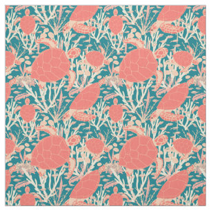 Cute Turtles Coral Reef and Teal Pattern Fabric