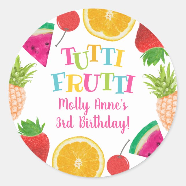 Cute Tutti Frutti Watercolor Fruits Birthday Girl Classic Round Sticker (Front)