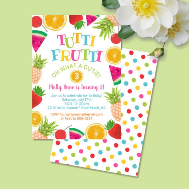 Cute Tutti Frutti Watercolor Fruits Birthday Girl Invitation (Tutti Frutti Colorful Polka Dots Birthday Invitation)