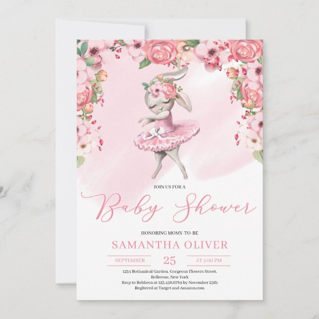 Cute tutu bunny ballerina blush floral Baby Shower Invitation (Front)
