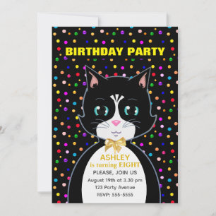 Cute Tuxedo Birthday Cat & Colourful Confetti Invitation