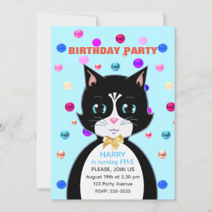 Cute Tuxedo Birthday Cat & Multicolor Confetti Invitation