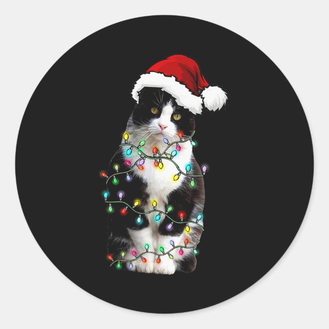 Cute Tuxedo Black Cat Christmas Light Cat Christma Classic Round Sticker (Front)