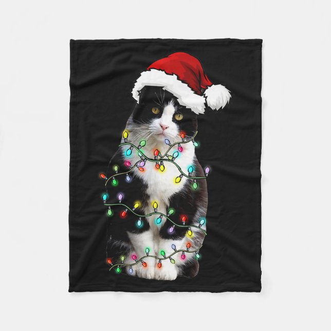 Cute Tuxedo Black Cat Christmas Light Cat Christma Fleece Blanket (Front)