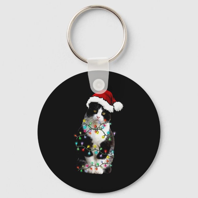 Cute Tuxedo Black Cat Christmas Light Cat Christma Key Ring (Front)