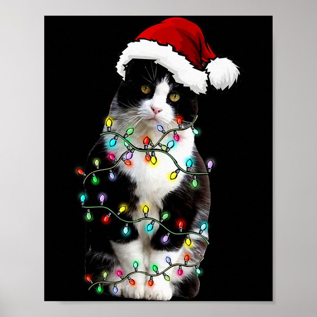 Cute Tuxedo Black Cat Christmas Light Cat Christma Poster (Front)