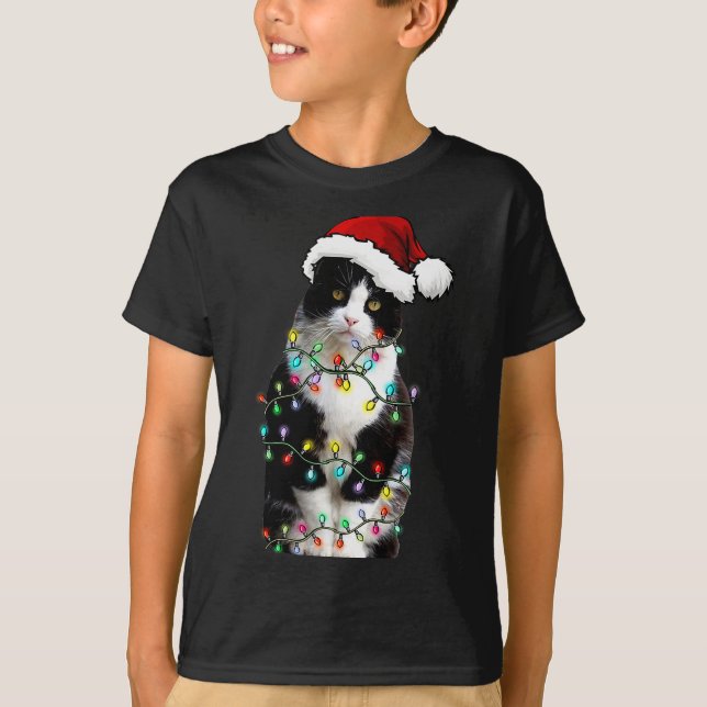 Cute Tuxedo Black Cat Christmas Light Cat Christma T-Shirt (Front)