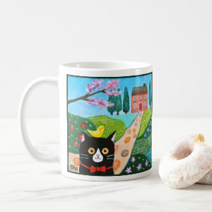 Cute Tuxedo Cat and Yellow Bird in Country Art Coffee Mug
