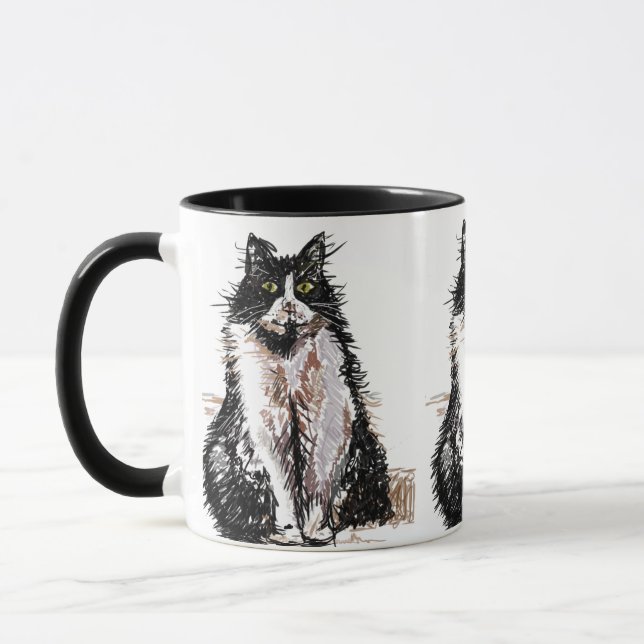 Cute Tuxedo Cat Black White Drawing art Cats Mug (Left)