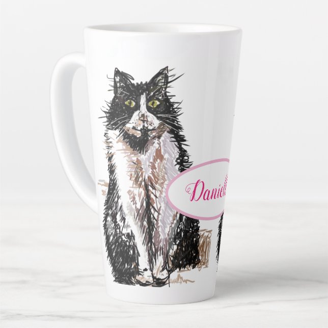 Cute Tuxedo Cat Black White Drawing art Cats Mug (Left Angle)