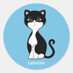Cute Tuxedo Cat Cartoon on Light Blue Classic Round Sticker