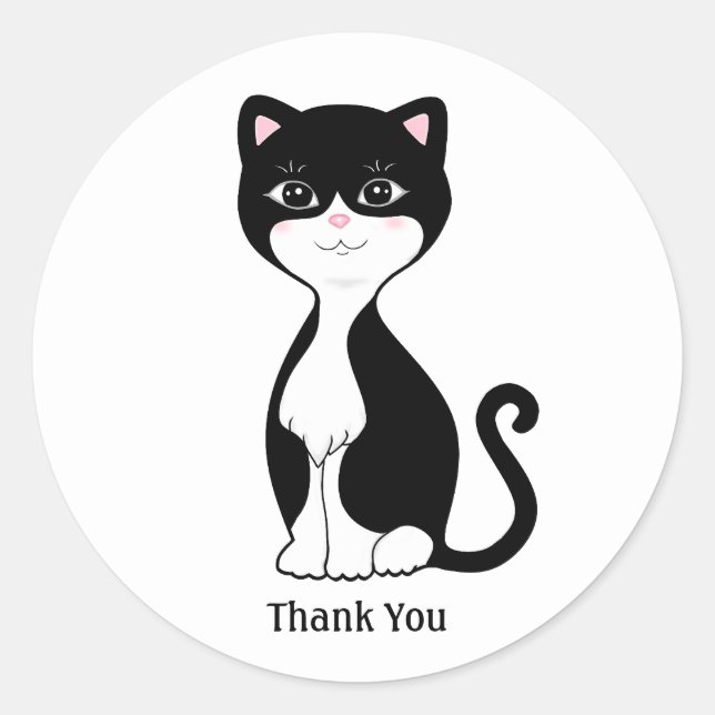 Cute Tuxedo Cat Cartoon Thank You Classic Round Sticker (Front)