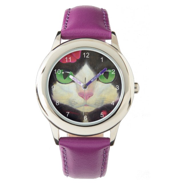 Cute Tuxedo Cat Face Black White Red Illustration Watch (Front)
