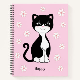Cute Tuxedo Cat & Flowers on Light Pink Notebook